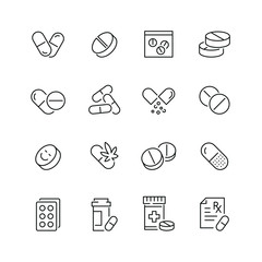 Pills related icons: thin vector icon set, black and white kit - obrazy, fototapety, plakaty