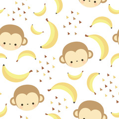 Monkey cute with banana seamless pattern, vector illustration background