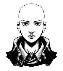 Bald girl skinhead in jacket