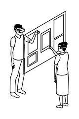 virtual reality technology experience cartoon in black and white