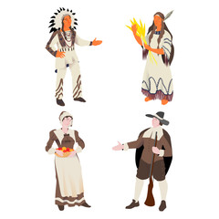 The Indian and American pilgrim, vector illustration people set for  Thanksgiving Day. The America man and woman in traditional suit. Isolated object.