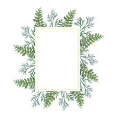 Watercolor botanical frame. Template for a wedding invitation. Tender spring flowers, greens, branches. Greeting card. Golden frame. Spring bouquet, garden greens. Rustic wedding.
