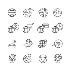 Globe related icons: thin vector icon set, black and white kit