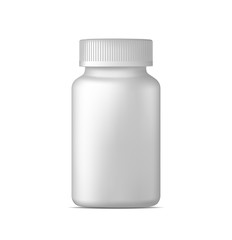 Realistic vector pill bottle. White plastic medicine container for drugs. Sport, health and nutritional supplements. Mock up template.