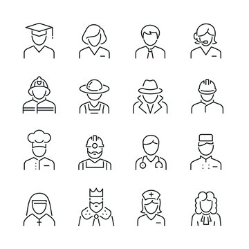 Professions related icons: thin vector icon set, black and white kit