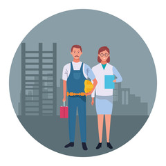 Professionals workers couple smiling cartoons round icon