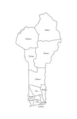 Vector isolated illustration of simplified administrative map of Benin. Borders and names of the departments (regions). Colorful blue khaki silhouettes