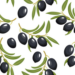 Seamless pattern with black olives and green leaves on white background. Vector illustration of food in flat style.