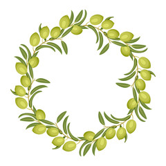 Olive wreath isolated on white background. Branches with green olives and leaves. Vector illustration in cartoon flat style. Round frame, border.