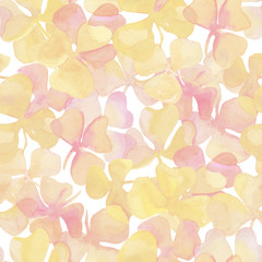 Watercolor clover leaves autumn colors pattern on white background. Hand drawn watercolor illustration. Design for covers, packaging, textile and wallpepers, raster.