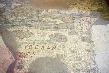 Fragment of the oldest floor mosaic map of the Holy Land in Greek Orthodox Basilica of St. George in Madaba, Jordan.