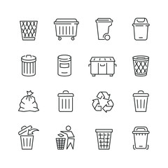 Trash can related icons: thin vector icon set, black and white kit - obrazy, fototapety, plakaty