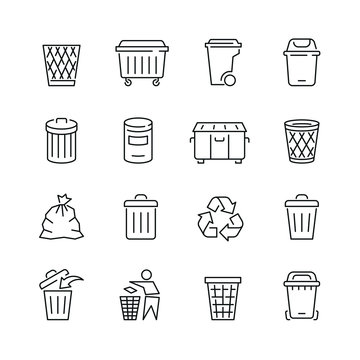 Trash can related icons: thin vector icon set, black and white kit