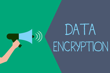 Writing note showing Data Encryption. Business photo showcasing Symmetric key algorithm for the encrypting electronic data.