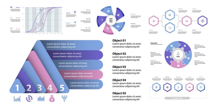 Business infographic design set can be used for workflow layout, presentation, annual report, web design. Marketing concept. Line chart, bar graph, comparison diagram, donut chart, process chart