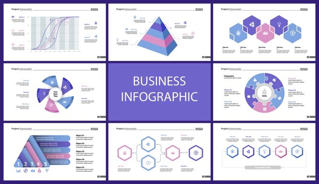 Business infographic design set can be used for workflow layout, presentation, annual report, web design. Marketing concept. Line chart, bar graph, comparison diagram, donut chart, process chart