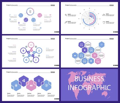 Business infographic design set can be used for workflow layout, presentation, annual report, web design. Marketing concept. Line chart, bar graph, comparison diagram, donut chart, process chart