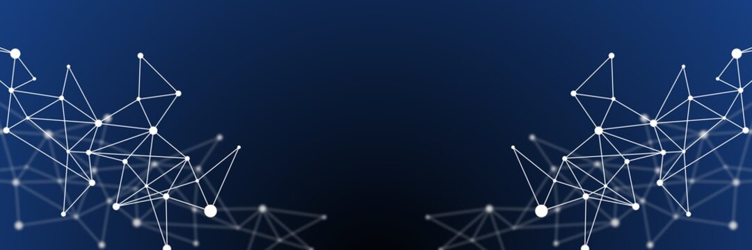 Black and blue abstract futuristic crypto blockchain illustration. White dots and shapes in triangles for website header or banner design
