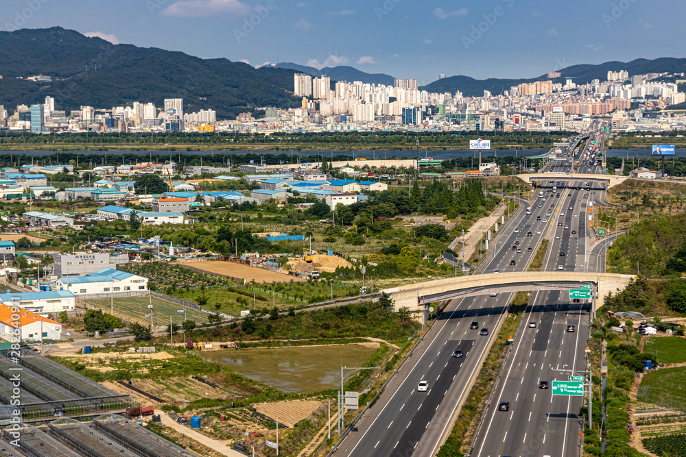 Sticker Busan, Korea - June 22, 2019: Aerial view of Busan Metropolitan City