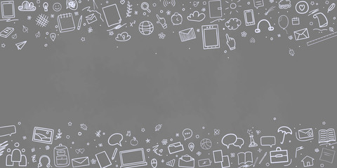 Back to school. Abstract blackboard. Sketchy background with hand drawn school supplies. Banner design. Education concept
