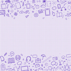 Abstract pattern with school supplies. Graphic paper background. Checkered texture. Back to school. Hand drawn elements. Education concept