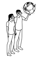 virtual reality technology experience cartoon in black and white