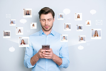 Close up portrait serious successful he his him guy manager hold telephone typing sms ladies illustration global search fan community blogger comment trend website isolated grey background