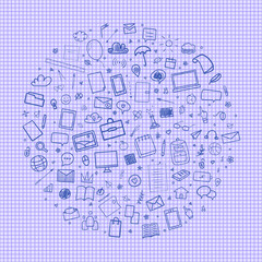 Abstract pattern with school supplies. Graphic paper background. Checkered texture. Back to school. Hand drawn elements. Education concept