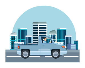 Man driving pick up vehicle sideview cartoon