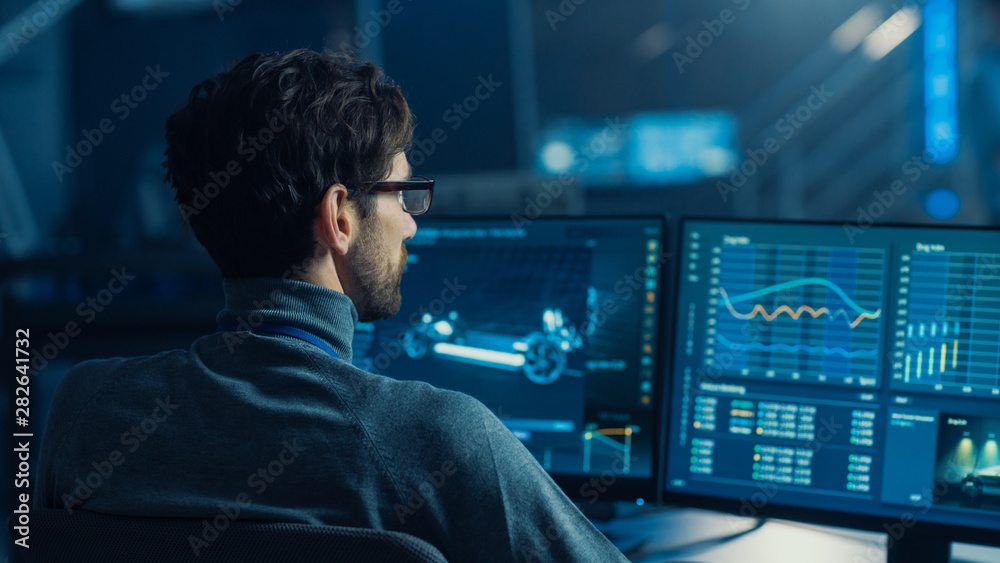 Aufkleber Professional Automotive Graphic Designer is Working on 3D CAD Software Rendering Electric Concept Car and Calculating its Efficiency in a High Tech Innovative Laboratory with a Prototype.