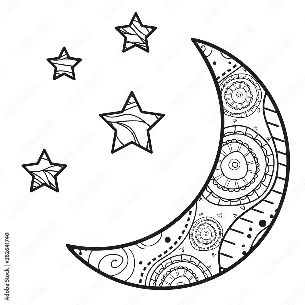 Sticker crescent moon with stars with abstract patterns on isolation background. design for spiritual relaxa