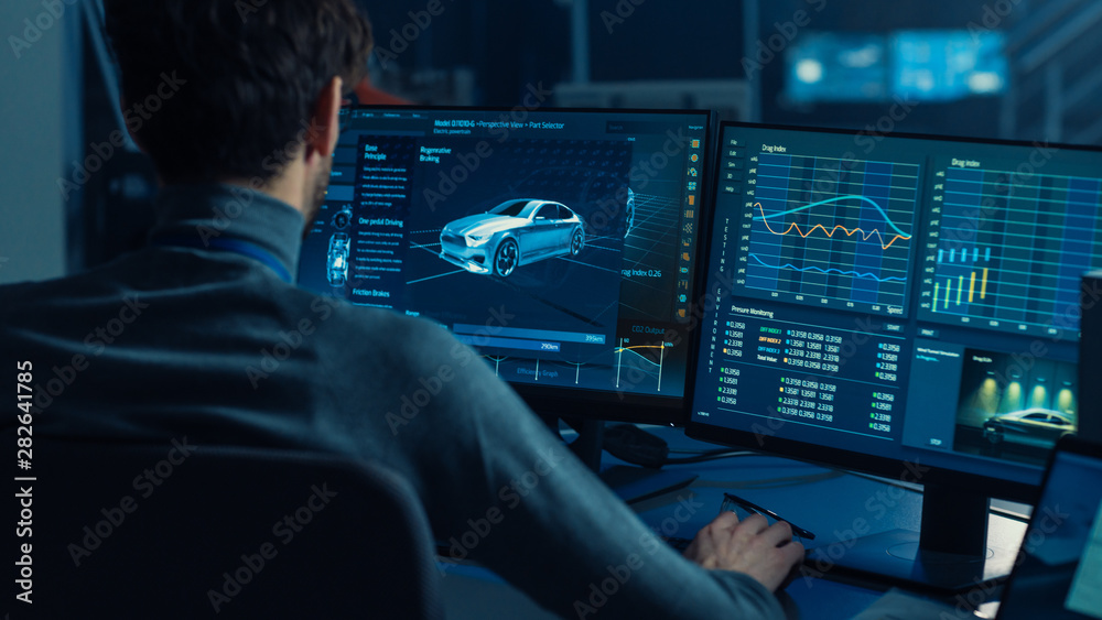 Poster Professional Automotive Graphic Designer is Working on 3D CAD Software Rendering Electric Concept Car and Calculating its Efficiency in a High Tech Innovative Laboratory with a Prototype.
