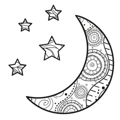 Crescent moon with stars with abstract patterns on isolation background. Design for spiritual relaxation for adults. Black and white illustration for anti stress colouring page