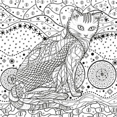 Abstract eastern pattern with ornate cat. Hand drawn abstract patterns on isolation background. Design for spiritual relaxation for adults. Black and white illustration