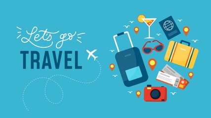 Lets go travel banner vector illustration. Template with glasses camera cocktails tickets in flat style design. Tourism concept. Isolated on blue background