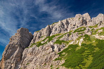 Obraz premium Panoramic view of towers and peaks of the Friuli Dolomites, in the morning light, in Friuli, Italy.