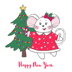 Fototapeta na wymiar New Year and Christmas greeting card with cute Mouse.