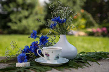 Composition of the Blue Cornflower bouqet in the white vase and white tea cup in the garden shadow. Selective focus. 