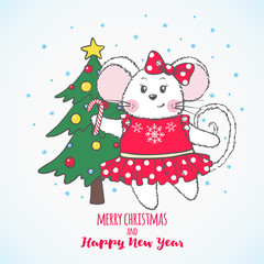 New Year and Christmas greeting card with cute Mouse.