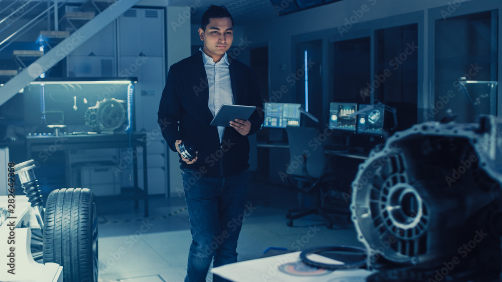 Aufkleber development laboratory room with professional automotive design engineer working on a electric car c