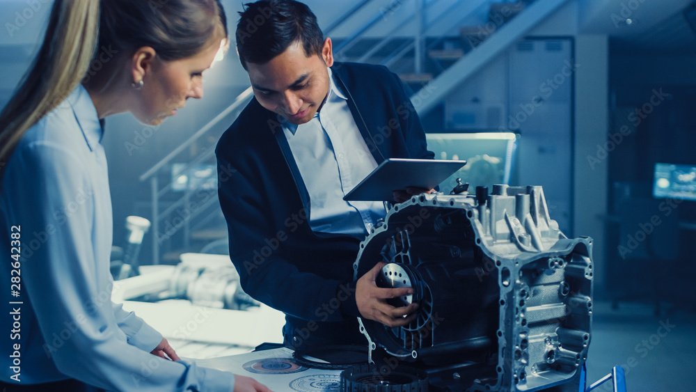 Poster development laboratory room with professional automotive design engineer working on a electric car g