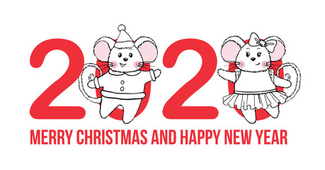 New Year and Christmas greeting card with numbers and cute Mouses.