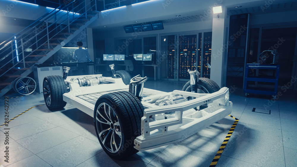 Aufkleber Concept of Authentic Electric Car Platform Chassis Prototype Standing in High Tech Industrial Machinery Design Laboratory. Hybrid Frame include Tires, Suspension, Engine and Battery. 