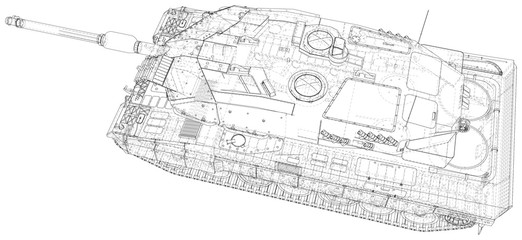 Obraz premium Army tank technical wire-frame. Vector illustration. Tracing illustration of 3d.