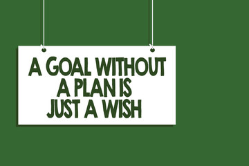 Fototapeta premium Writing note showing A Goal Without A Plan Is Just A Wish. Business photo showcasing Make strategies to reach objectives Hanging board message communication open close sign green background