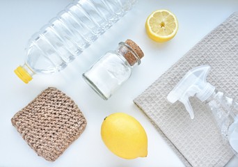 Eco friendly products for home cleaning, zero waste lifestyle, flat lay on white background.