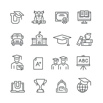 Education related icons: thin vector icon set, black and white kit
