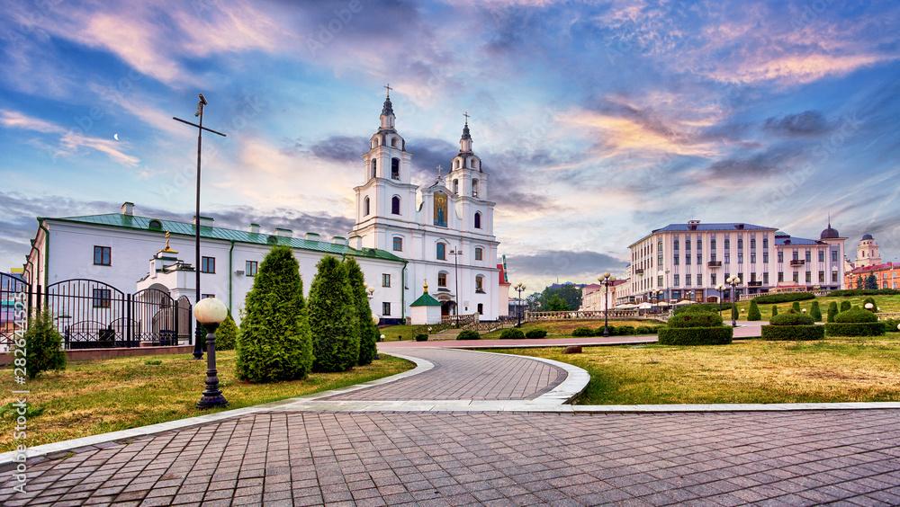 Sticker Minsk, Belarus. The Cathedral Of Holy Spirit In Minsk - The Main Orthodox Church Of Belarus And Symbol Of Capital