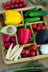 Different types of fresh vegetables in a box with cells.