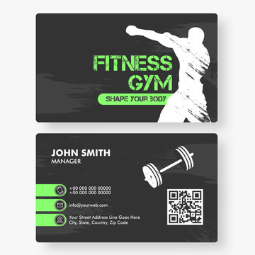 Front and back view of Fitness Gym business card or horizontal template design.